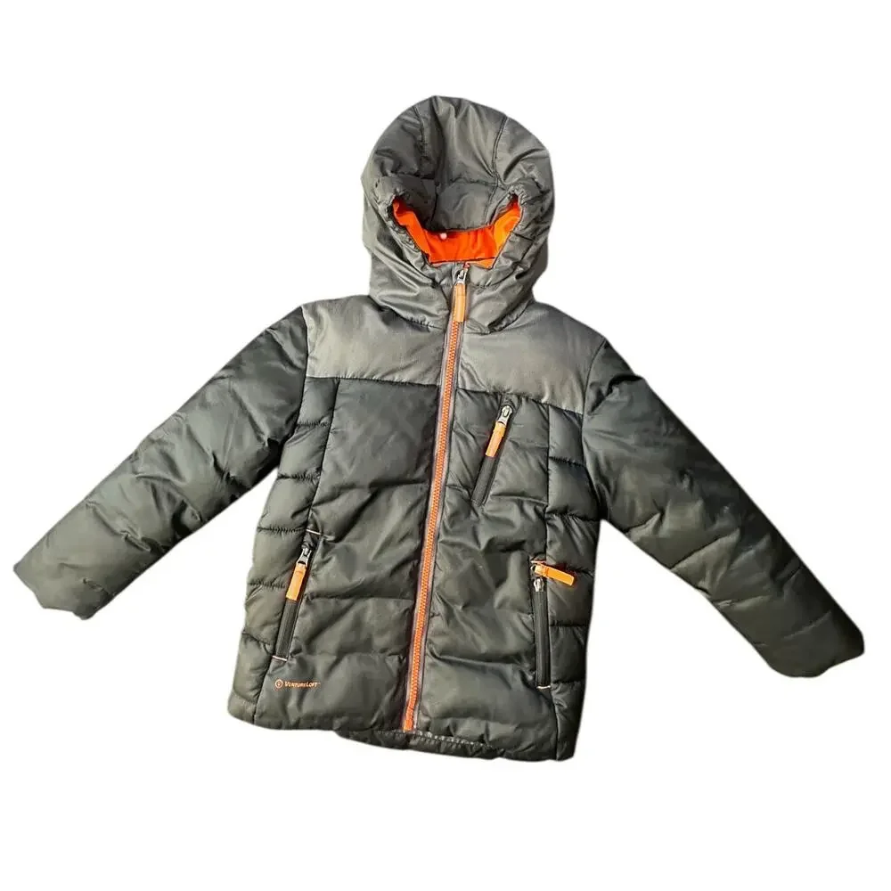 Champion Boys Puffer Jacket XS 4–5 Gray Orange Fleece Lined Hooded Winter Coat